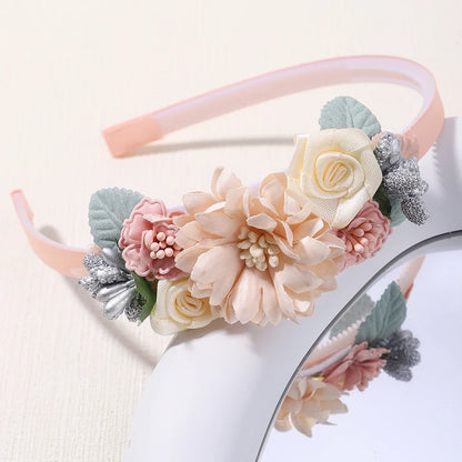 Handmade Head Flower Girls Headbands Baby Hairband Pearl Feather Wedding Princess Kids Dance Party Headwear Newborn Accessories