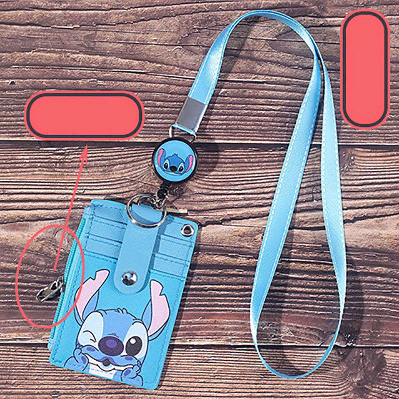 Disney Anime Mickey Hanging Neck Retractable Card Holder Campus Cartoon Stitch Id Card Shell Leather Case Bus Card Bag Gift