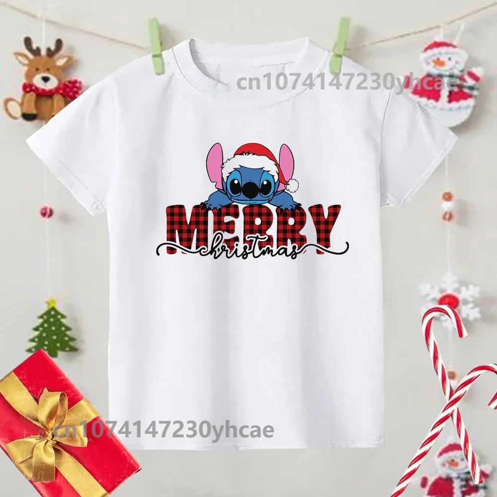 Merry Christmas Lilo Stitch Kids Tshirts Baby Holiday T-Shirt Tees Girls Party T Shirt with Clothes Kids Fashion Tops Tshirt