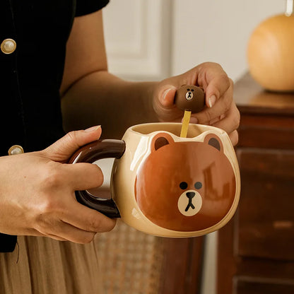 LINEFRIEND Brown Bear Big Belly Cup Ceramic Mug Cute Cartoon Breakfast Milk Coffee Cup Cup Spoon Set