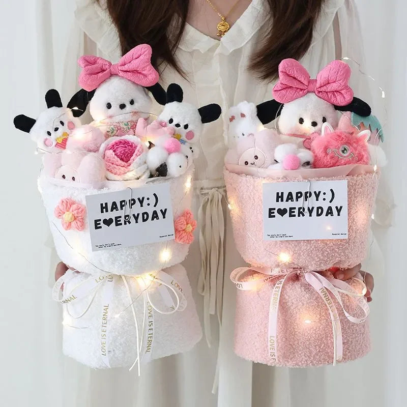 Hot Sanrio Bow Knot Pochacco Plush Dolls Bouquet Flower Girls Creative Valentine's Day Kawaii Cartoon Graduation New Year Gifts