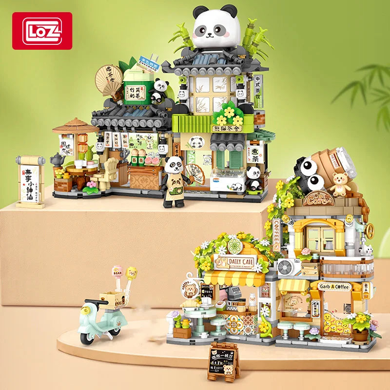 LOZ-1383 Street View series Panda Teahouse Bear Coffee Shop model matching children and adult building blocks toy gifts