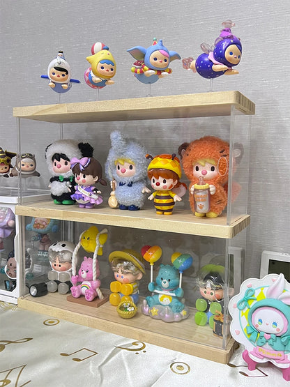 Wooden Display Box Blind Box Storage Box Acrylic Cartoon Doll Organizer Holder Figurines Case for Dimoo POP MART Collect