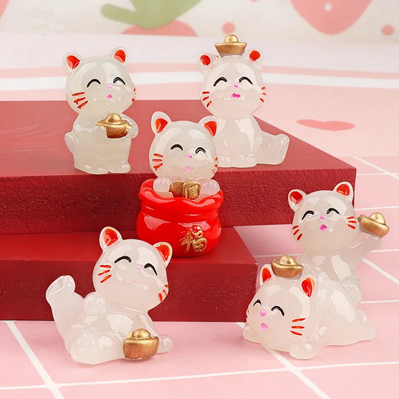 6PCS Creative Glowing Fortune Lucky Cat Micro Landscape DIY Decoration Luminous Cat Mini Figurines Car Office Desktop Ornaments