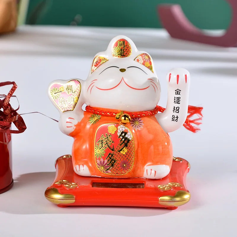 Solar Powered Lucky Cat Maneki Neko Home-Office Car Christmas Decoration Welcoming Chinese Lucky Cat Waving Hand Beckoning Decor