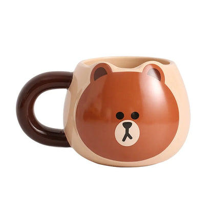 LINEFRIEND Brown Bear Big Belly Cup Ceramic Mug Cute Cartoon Breakfast Milk Coffee Cup Cup Spoon Set