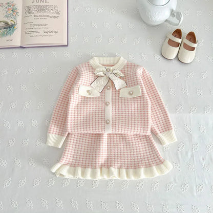 MILANCEL Spring Autumn Children's Clothing Set 1-5Y Girls Plaid Knitted Sweater and Skirt 2Pcs Trendy Girls Bow Cardigan Outfit