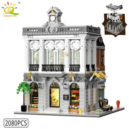 HUIQIBAO Toys MOC City Corner Coffee Shop Architecture Style Street View Micro Building Blocks for Children Construction Bricks