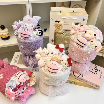 Sanrio Hello Kitty Bouquet Cute Cartoon Plush Doll Flower Cinnamoroll Kuromi My Melody Toys Flower Girl&Child Holiday Gifts