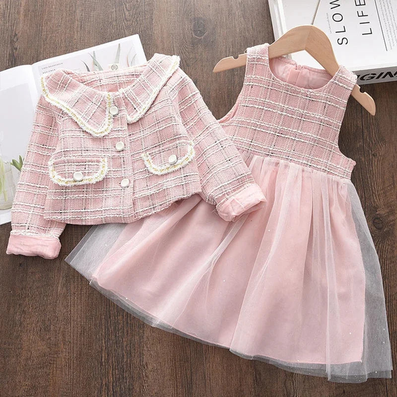 Menoea  Clothes Set Spring Autumn Plaid Vest Dress Retro Outwear Coat 2 Pcs Fashion Baby Party Dress with Bag Outfits