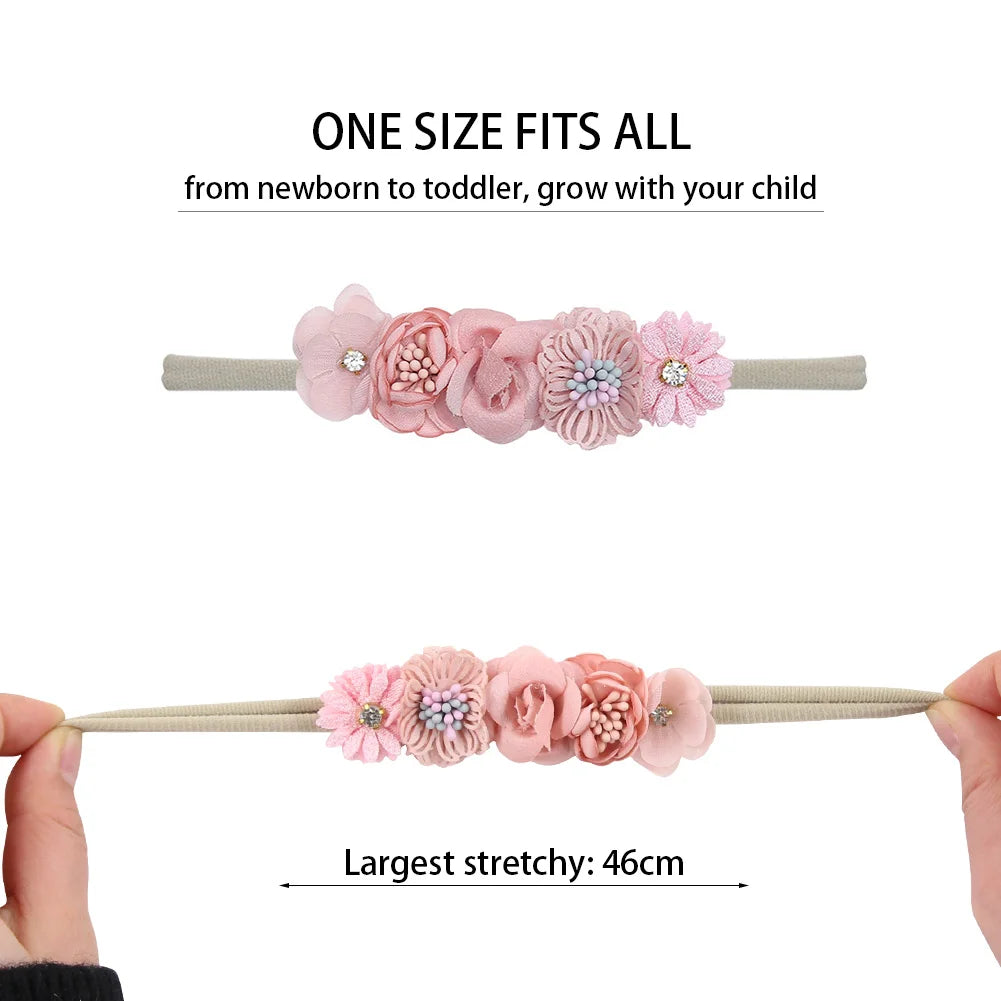 5Pcs/Lot Artificial Flower Baby Headband Newborn Boys Girls Fake Floral Nylon Hair Bands Princess Rhinestone Hair Accessories