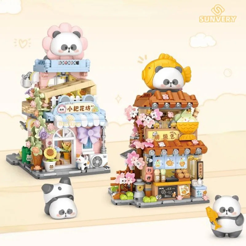 Loz Taiyaki Street View Shop Miniature Building Blocks Panda Bricks Toy Assembly Flower Workshop Folding House Collection Model