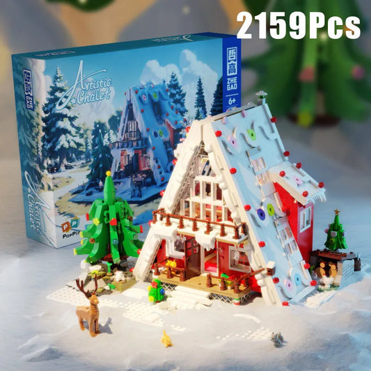 Creative 2159Pcs Christmas Tree Winter Village House With Lights Model Building Blocks MOC Snow Hut Mini Bricks Toys Xmas Gifts