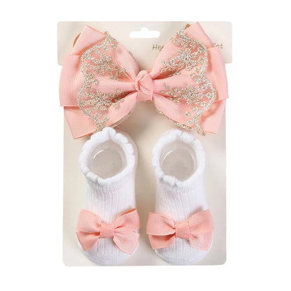 3Pcs/Set Solid Cotton Baby Non-Slip Socks Mini Ribbon Bow Boutique Gold Lace Elastic Hair Bands 0-12M Princess Girls Headwear