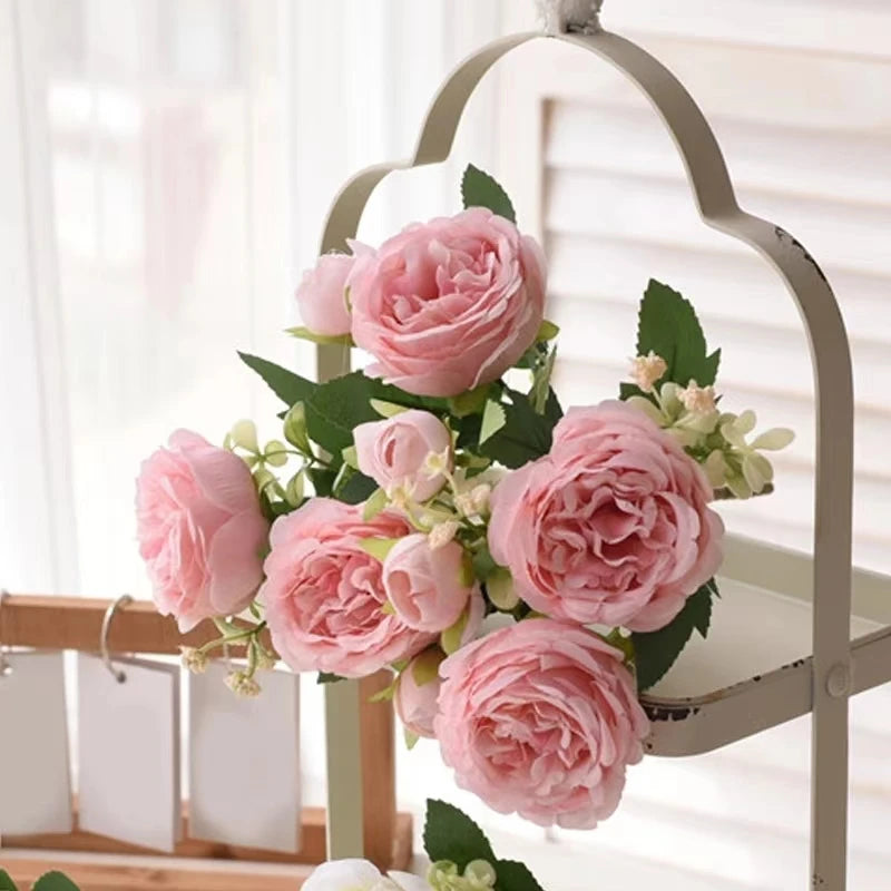 30cm Rose Pink Silk Bouquet Peony Artificial Flower 5 Big Head 4 Small Bud Bride Wedding Home Decoration Artificial Flower