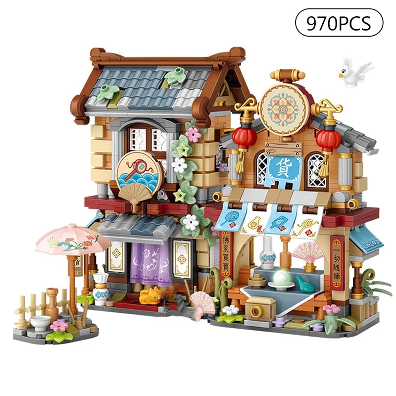 Street View Series Building blocks Izakaya Shaved Ice Shop Takoyaki Shop Coffee shop Panda Tea House model children's gift