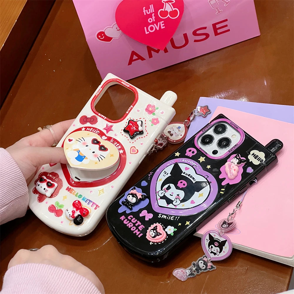 Cartoon Happy Hello Kitty Kuromi with Mirror Telephone Phone Case For iPhone 16 15 14 13 12 11 Pro Max Anti-fall Cover Funda