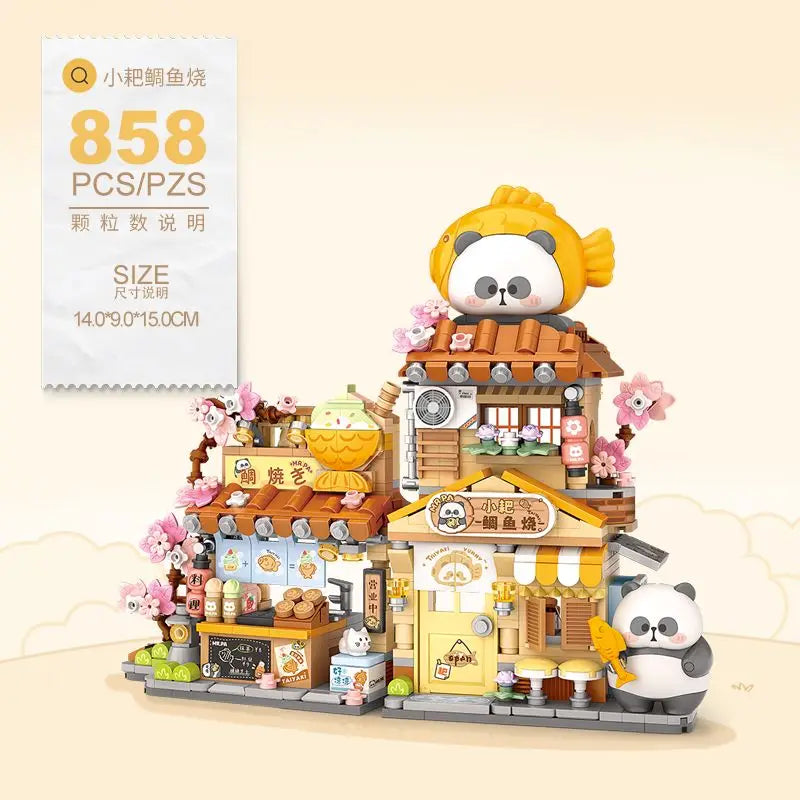 Loz Taiyaki Street View Shop Miniature Building Blocks Panda Bricks Toy Assembly Flower Workshop Folding House Collection Model