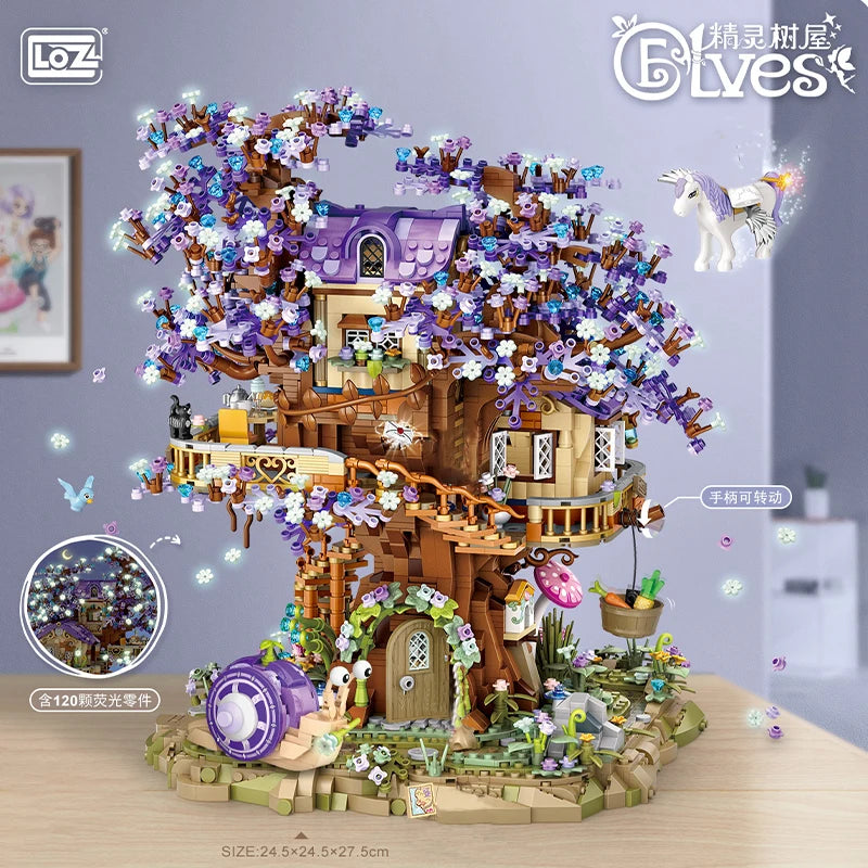 Creative LOZ Mini EIf Tree House Luminous Brick Building Blocks DIY City Street View Cherry Blossom Model Toys For Children Gift