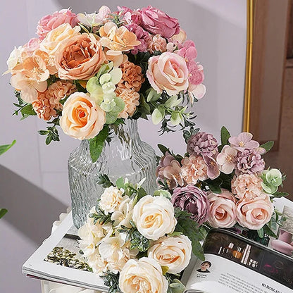 7 Heads Artificial Peony Flowers Silk Rose Hydrangea Bride Bouquet Home Room Table Decoration Party Wedding Christmas Fake Plant