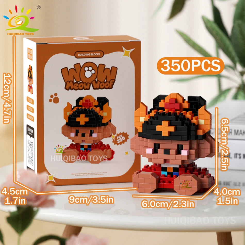 HUIQIBAO MINI Working Cat Pet Dog Micro Model Building Block Set Kids City Cartoon Animal Diamond Bricks Educational Toys Adult