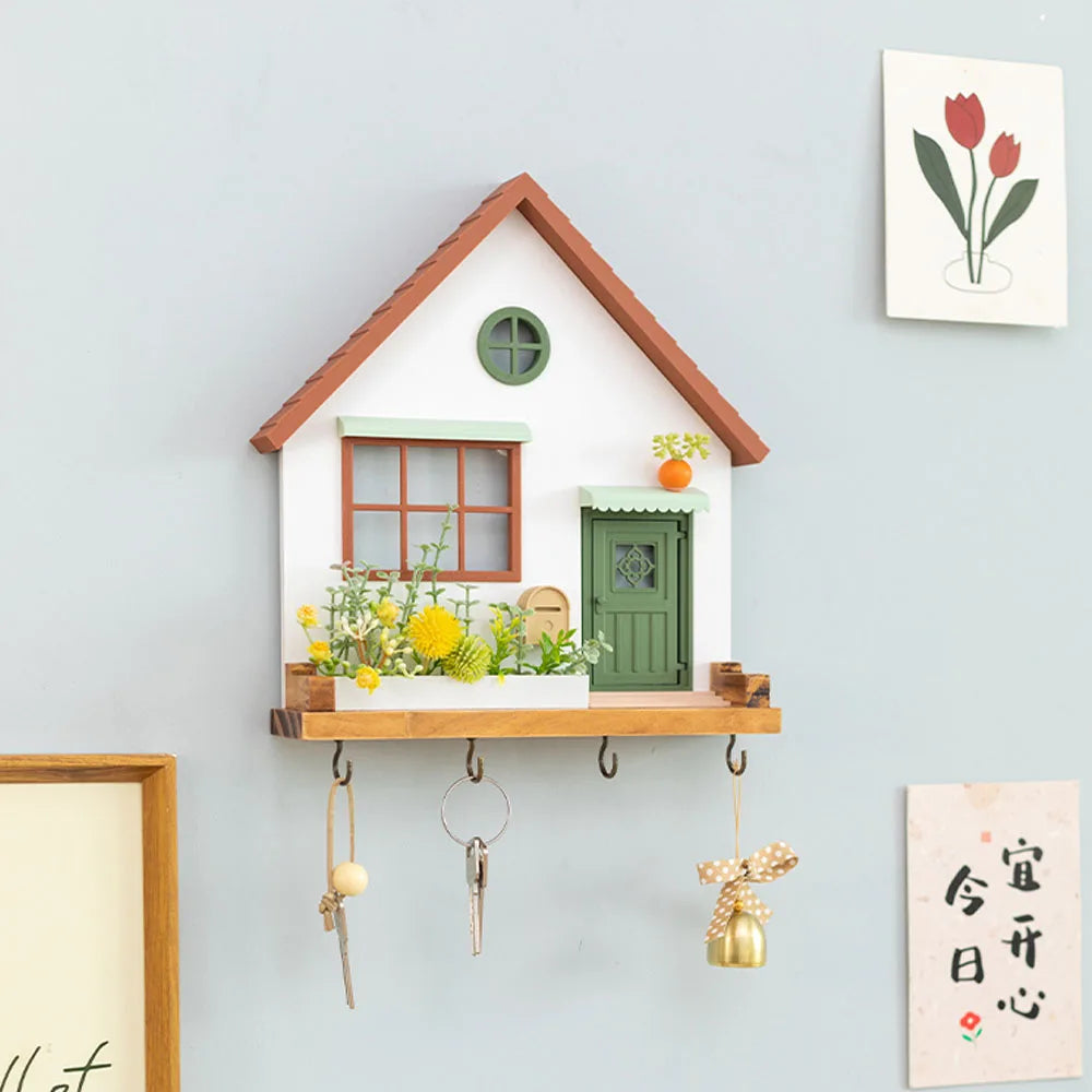 Creative Wooden House Wall Ornaments Living Room Foyer Key Hooks Storage Rack Crafts Wedding Background Wall Vase Decoration