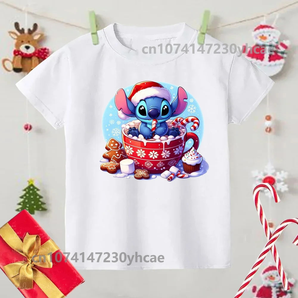 Merry Christmas Lilo Stitch Kids Tshirts Baby Holiday T-Shirt Tees Girls Party T Shirt with Clothes Kids Fashion Tops Tshirt