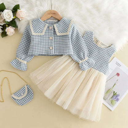 Bear Leader Girls' Dress Set 2023 Spring/Autumn New Girls' Round Neck Sleeveless Dress+Ruffled Button Pocket Coat Two Piece Set