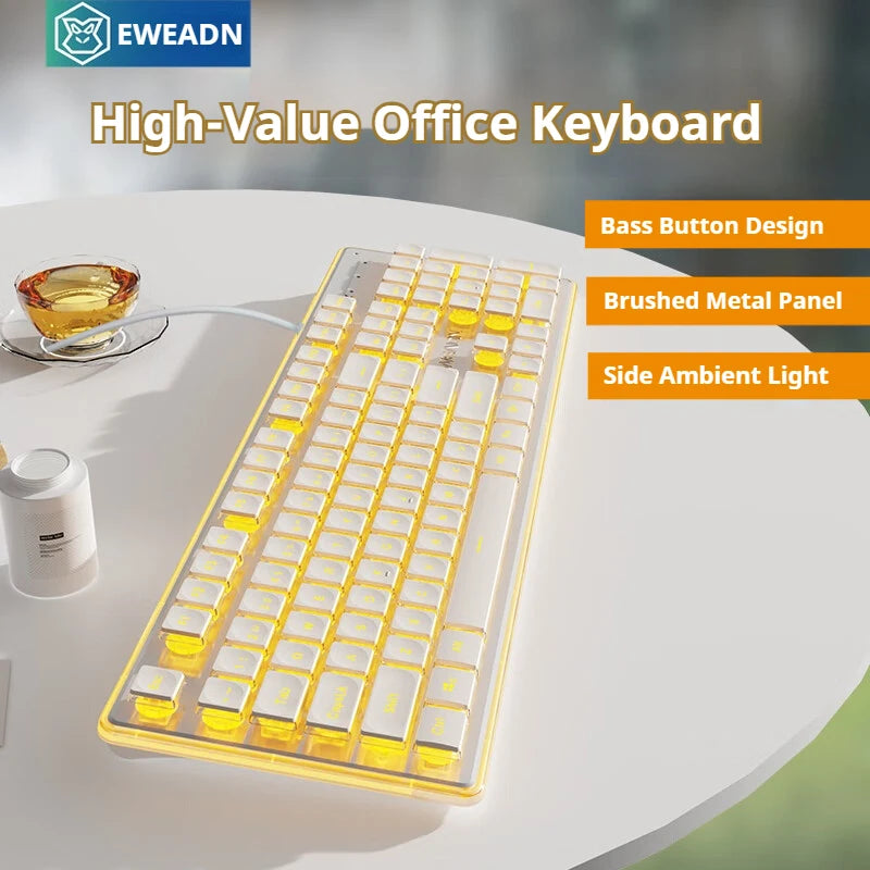 EWEADN GX710S Office Keyboard silent, All-Metal Panel 104 Keys Wired with Water Drop Keycaps, for Game and Office White & Black