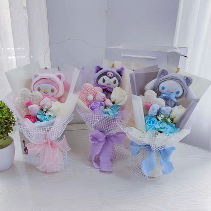 Cartoon My Melody Kuromi Cinnamoroll Kt Cat Plush Doll Holding Flower Bouquet Valentine's Day Christmas Graduation Birthday Gift