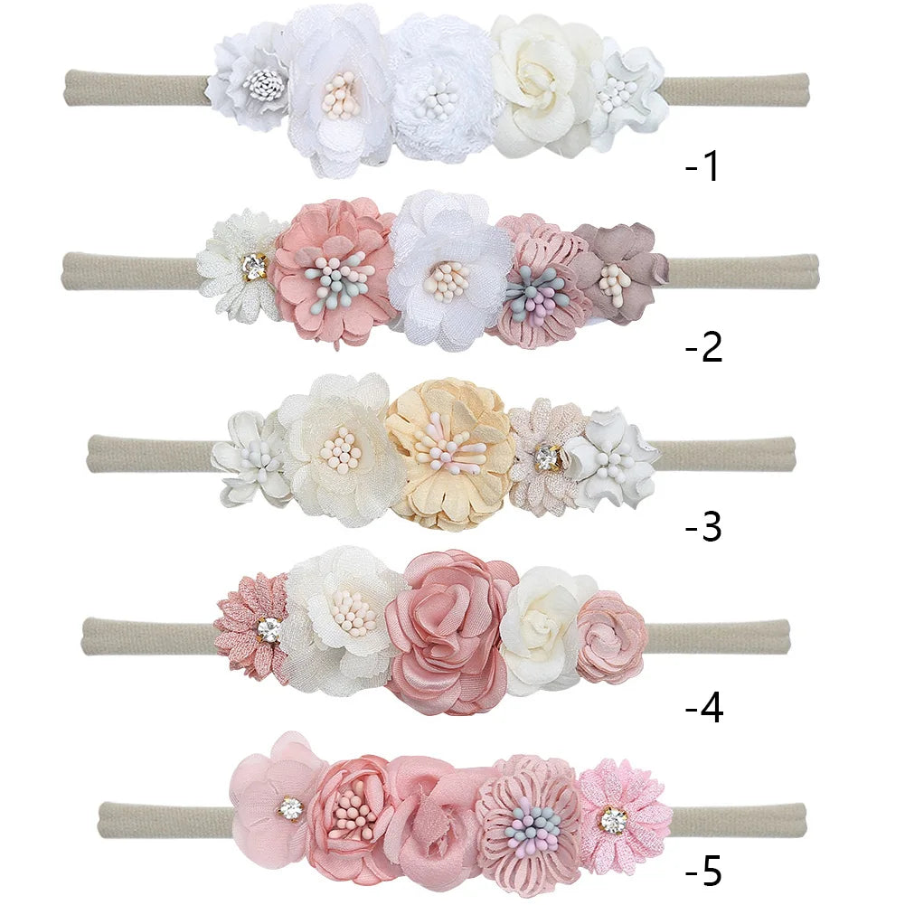 5Pcs/Lot Artificial Flower Baby Headband Newborn Boys Girls Fake Floral Nylon Hair Bands Princess Rhinestone Hair Accessories