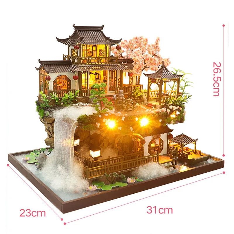 DIY Wooden Miniature Building Kit Doll Houses with Furniture Chinese Ancient Casa Dollhouse Handmade Toys for Girls Xmas Gifts