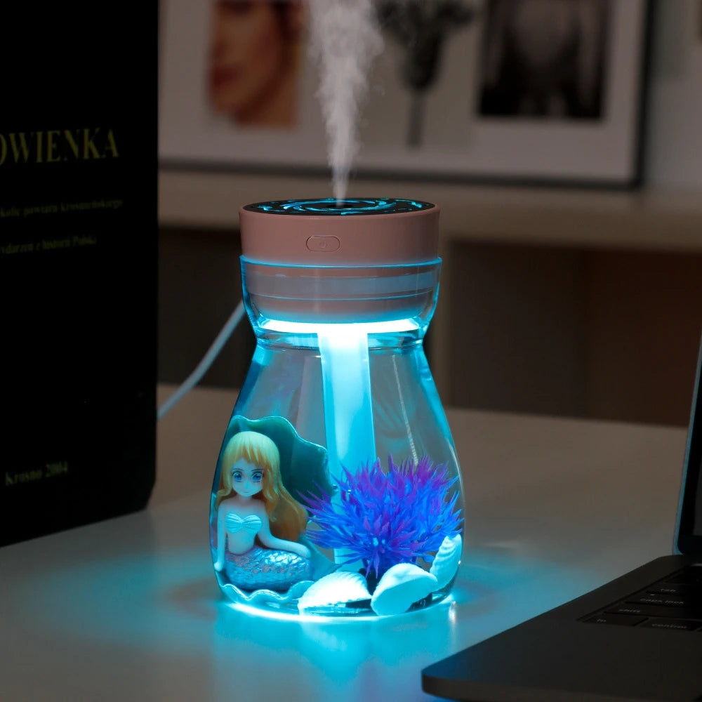 Mini Portable Air Humidifier Mermaid Landscape USB Mist Sprayer Aroma Oil Diffuser with 7 Colors Light Household Air Purifier