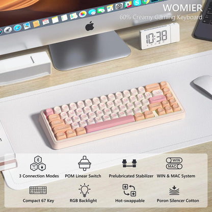 Womier WK60 Creamy Pink 3-Mode Mechanical Keyboard Gasket Mount RGB Wireless Gaming Keyboard Hot Swap Gamer Keyboard for Win Mac