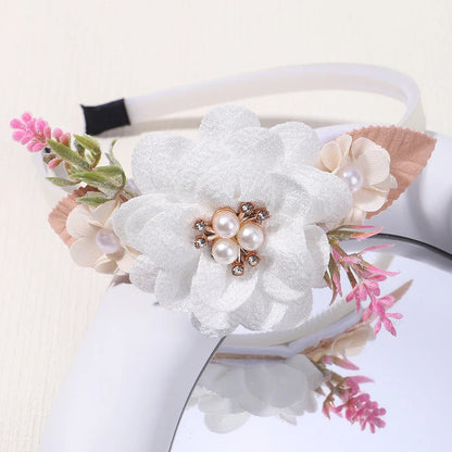 Handmade Head Flower Girls Headbands Baby Hairband Pearl Feather Wedding Princess Kids Dance Party Headwear Newborn Accessories