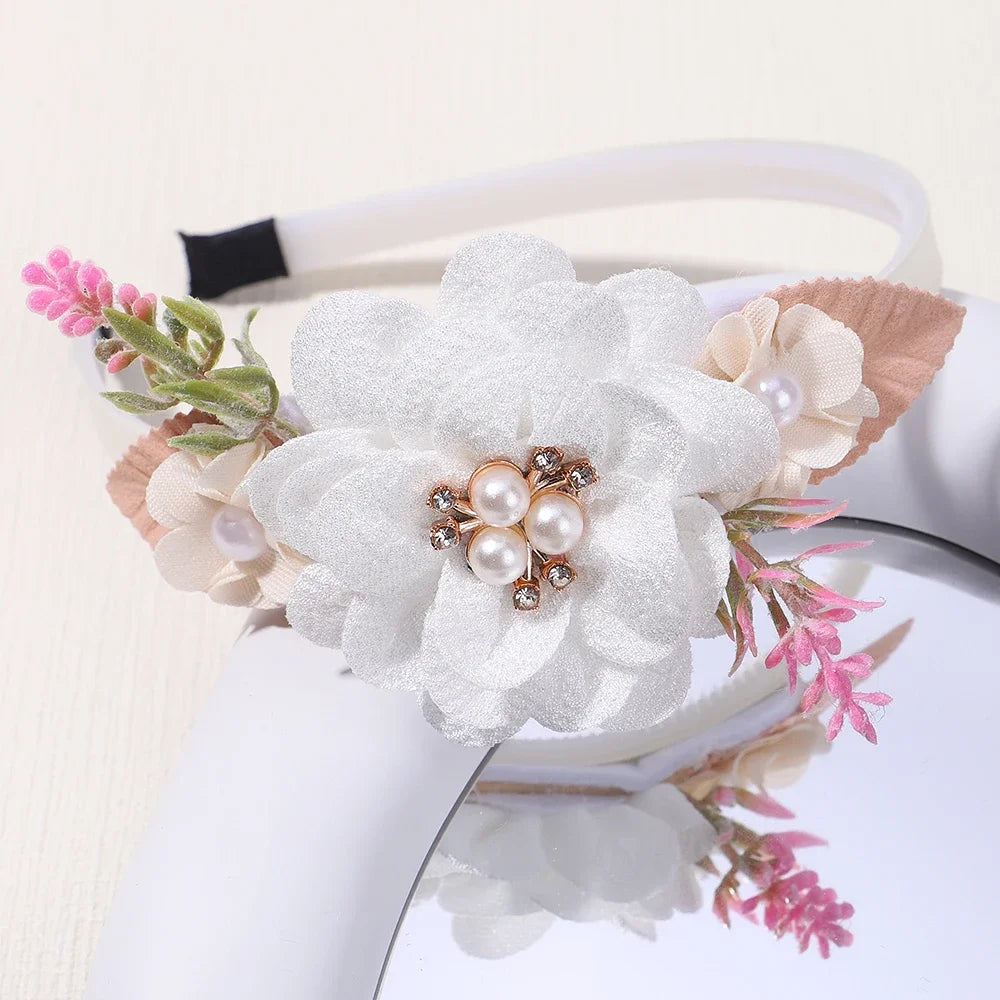 Handmade Head Flower Girls Headbands Baby Hairband Pearl Feather Wedding Princess Kids Dance Party Headwear Newborn Accessories