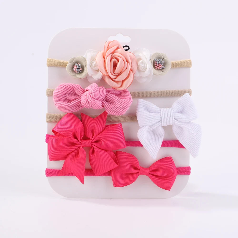 Sweet Elastic Headbands for Baby Girl New Bowknot Knit Nylon Headbands 5Pcs/set Pretty Flower Hairbands Decoration Headwear