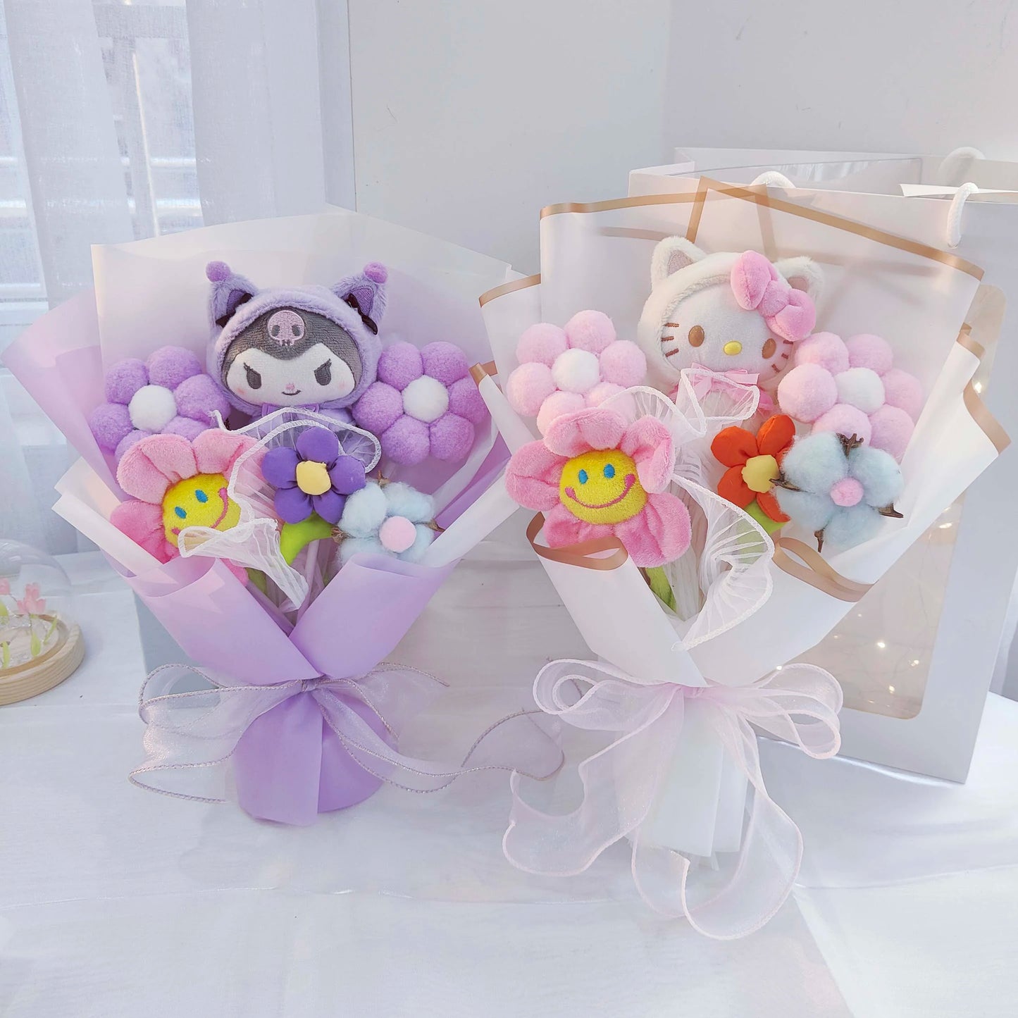 Cartoon My Melody Kuromi Cinnamoroll Kt Cat Plush Doll Holding Flower Bouquet Valentine's Day Christmas Graduation Birthday Gift