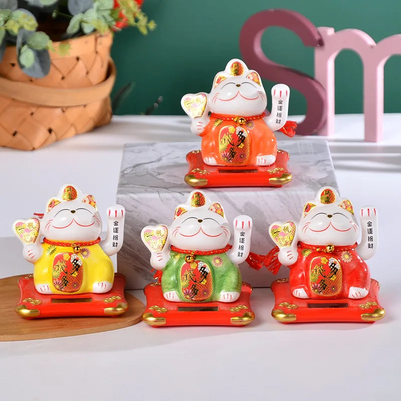 Solar Powered Lucky Cat Maneki Neko Home-Office Car Christmas Decoration Welcoming Chinese Lucky Cat Waving Hand Beckoning Decor