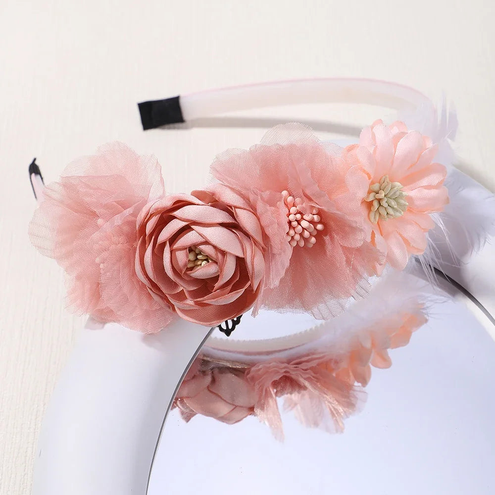 Handmade Head Flower Girls Headbands Baby Hairband Pearl Feather Wedding Princess Kids Dance Party Headwear Newborn Accessories