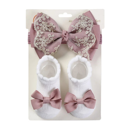 3Pcs/Set Solid Cotton Baby Non-Slip Socks Mini Ribbon Bow Boutique Gold Lace Elastic Hair Bands 0-12M Princess Girls Headwear