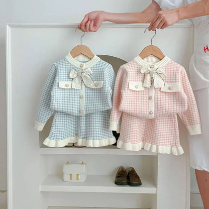 MILANCEL Spring Autumn Children's Clothing Set 1-5Y Girls Plaid Knitted Sweater and Skirt 2Pcs Trendy Girls Bow Cardigan Outfit