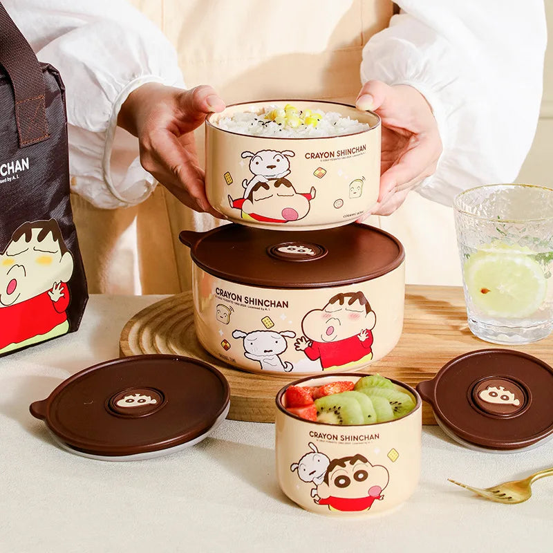 Crayon Shin-chan Ceramic Bowl Cute Shin-chan New Life Series 5-inch Fresh Bowl with Lid Office Worker Rice Bowl Microwaveable