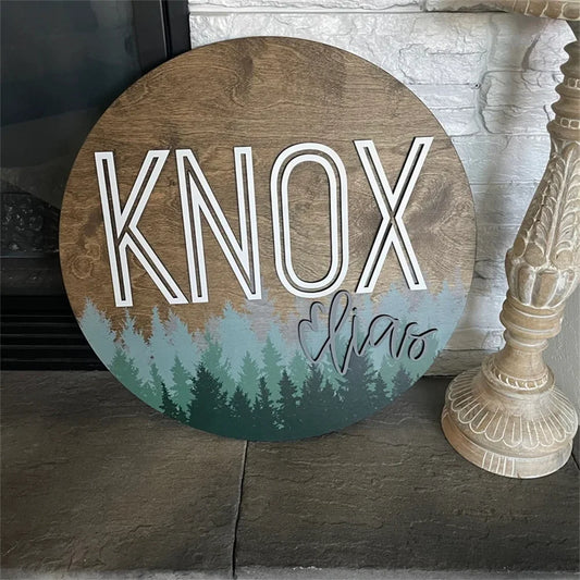 Round 3D Nursery Name Sign – Pine Tree Pattern, Personalized Wooden Baby Name Plaque, Baby Shower Gift for Woodland Theme Decor