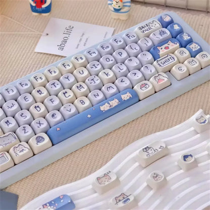 Blue Cat Cat MOA Keycap Set Thermosublimation PBT 114 Keys Cute for MX Switch 60/84/90/104/108 Layout Mechanical Keyboards