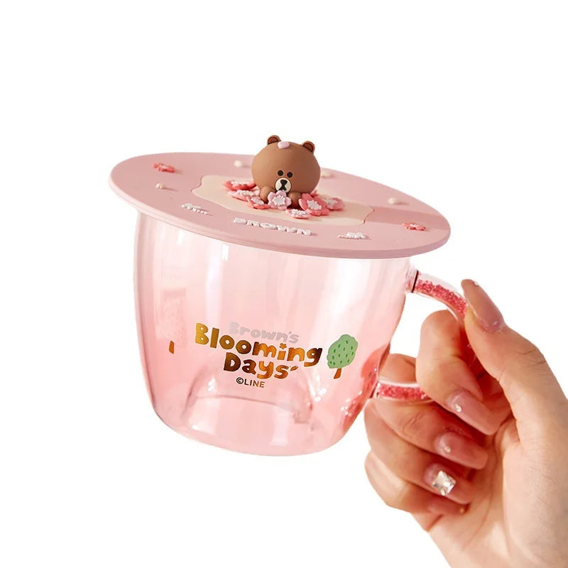 360Ml Anime Brown Bear Transparent Glass Cup with Lid Kawaii Pink Girls Milk Coffee Heat Insulation Water Mug Valentine Day Gift