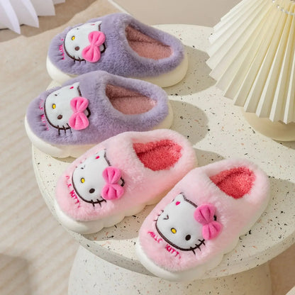 Kawaii Sanrio Hello Kitty Girls Plush Slippers Non-slip Warm Cute Cartoon Anime Home Autumn and Winter Slippers Plush Gift