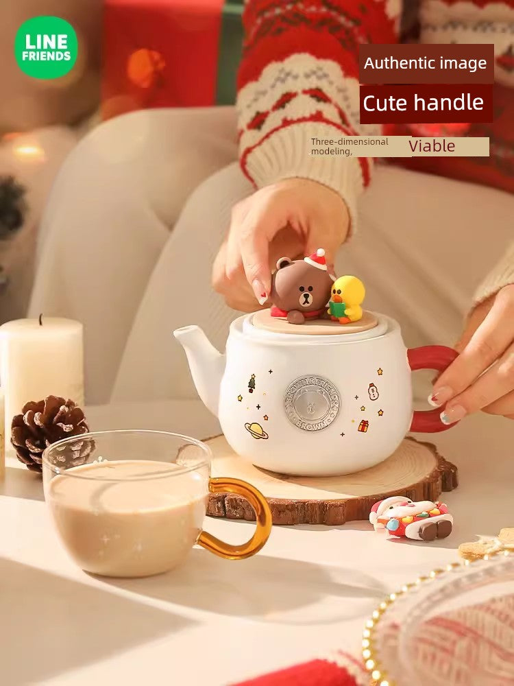 Line Friends Brown Bear Christmas Gift Teapot Ceramic Large Capacity Kettle Water Cup Kung Fu Tea Set Suit