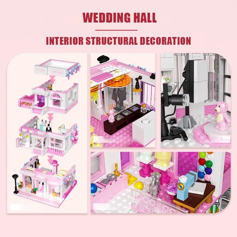 Creative Street View Wedding Salon Manor Garden House Coffee Shop Model Building Blocks City Architecture Mini Bricks Toys Gifts