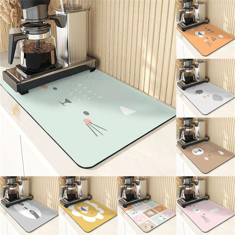 Cartoon Animal Style Coaster Absorbent Drying Mat For Kitchen Cute Face Pattern Silicone Pad Dish Drying Mat Placemats For Table